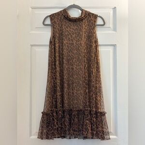 titty&co. Leopard Print Tulle Bow Back Tiered Mock Neck Mini Dress